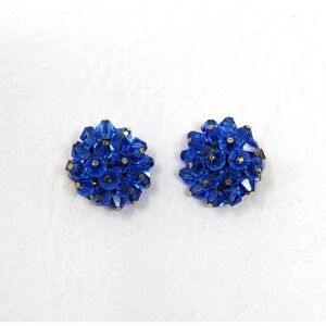 Vintage Royal Blue Faceted Glass Bead Cluster Clip On Earrings Colorful Round
